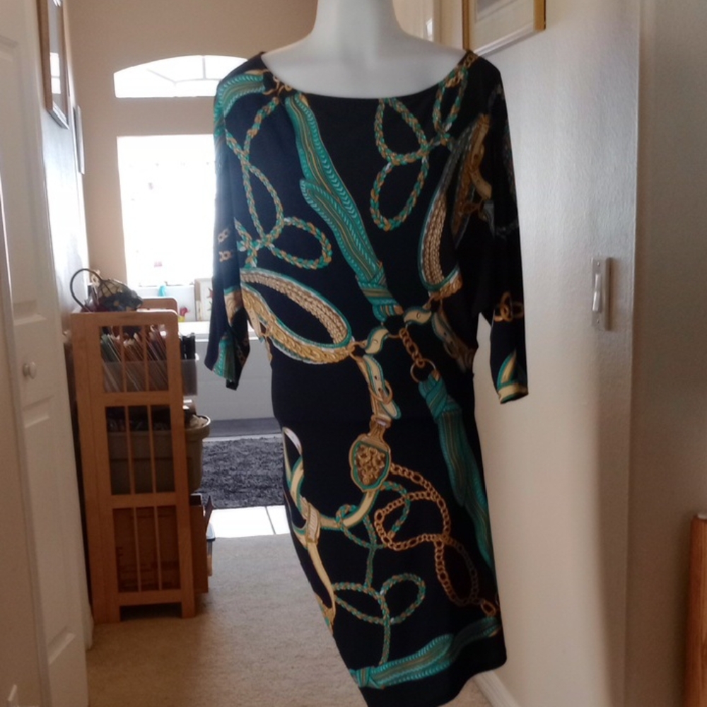 Cache Black and Green Sheath Dress with 3/4 Dolman Sleeves asymmetrical hem sml